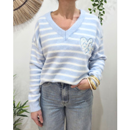 Pull femme col V à rayures coeurs fleurs relief-Bleu ciel
