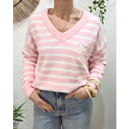 Pull femme col V à rayures coeurs fleurs relief-Rose