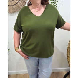 Pull fin femme oversize manches courtes-Kaki