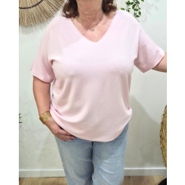 Pull fin femme oversize manches courtes-Rose baby