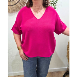 Pull fin femme oversize manches courtes-Rose fuchsia