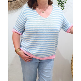 Pull femme rayures manches courtes-Bleu