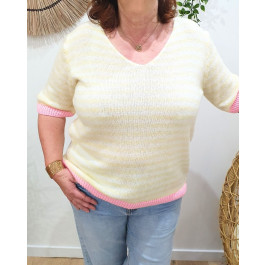 Pull femme rayures manches courtes-Jaune
