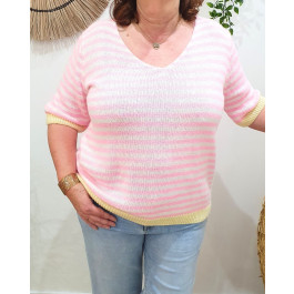 Pull femme rayures manches courtes-Rose