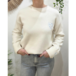 Pull femme col rond manche coeur fleuri -Beige