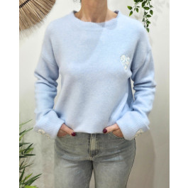 Pull femme col rond manche coeur fleuri -Bleu ciel