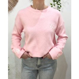 Pull femme col rond manche coeur fleuri -Rose baby