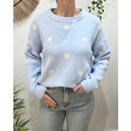 Pull femme col rond coeur suédine-Bleu