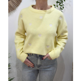 Pull femme col rond coeur suédine-Jaune