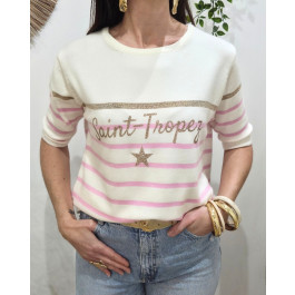 Pull court femme marinière col rond Saint-Tropez doré-Rose baby