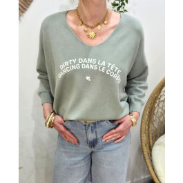 Pull femme col V Dirty dans la tête dancing dans le corps pailleté-Kaki