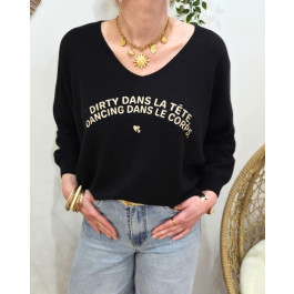 Pull femme col V Dirty dans la tête dancing dans le corps pailleté-Noir