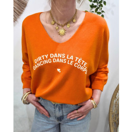 Pull femme col V Dirty dans la tête dancing dans le corps pailleté-Orange