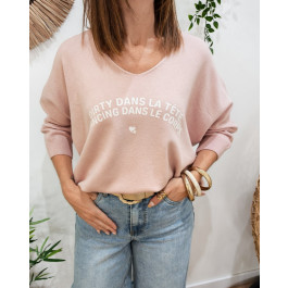 Pull femme col V Dirty dans la tête dancing dans le corps pailleté-Rose