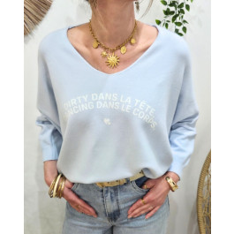 Pull femme col V Dirty dans la tête dancing dans le corps pailleté-Bleu ciel