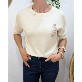 Pull court femme uni col rond Trop classe pour être sobre doré -Ecru