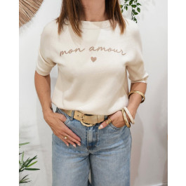 Pull court femme col rond manches courtes Mon amour paillettes dorées-Ecru