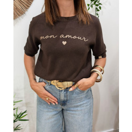 Pull court femme col rond manches courtes Mon amour paillettes dorées-Marron