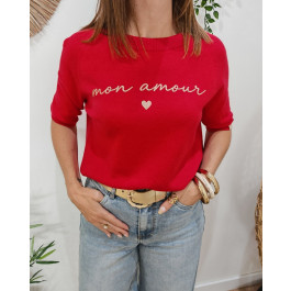 Pull court femme col rond manches courtes Mon amour paillettes dorées-Rouge