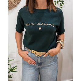 Pull court femme col rond manches courtes Mon amour paillettes dorées-Vert bouteille