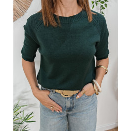 Pull court femme col rond manches courtes ajourées Adria-Vert bouteille