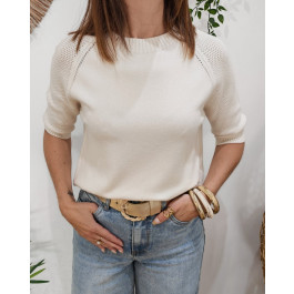 Pull court femme col rond manches courtes ajourées Adria-Ecru