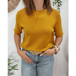 Pull court femme col rond manches courtes ajourées Adria-Jaune