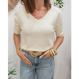 Pull court femme uni manches courtes col V Cordelia-Beige
