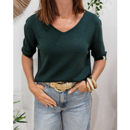 Pull court femme uni manches courtes col V Cordelia-Vert bouteille