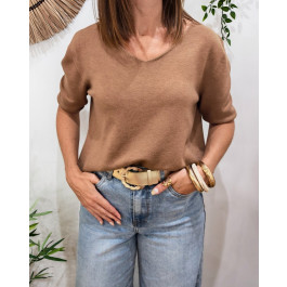 Pull court femme uni manches courtes col V Cordelia-Camel