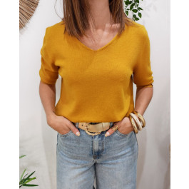 Pull court femme uni manches courtes col V Cordelia-Jaune