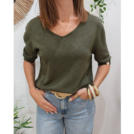 Pull court femme uni manches courtes col V Cordelia-Kaki