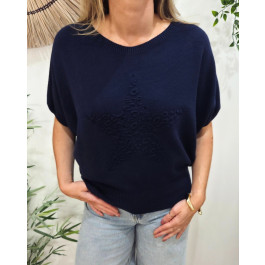Pull femme col rond manches chauve souris étoile léopard-Bleu marine