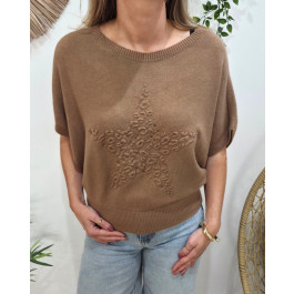 Pull femme col rond manches chauve souris étoile léopard-Camel