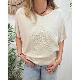 Pull femme col rond manches chauve souris étoile léopard-Ecru
