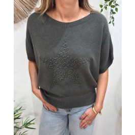 Pull femme col rond manches chauve souris étoile léopard-Kaki