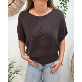 Pull femme col rond manches chauve souris étoile léopard-Marron