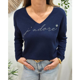 Pull femme J'adore pailleté-Bleu marine