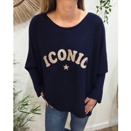 Pull femme oversize col rond Iconic pailleté-Bleu marine