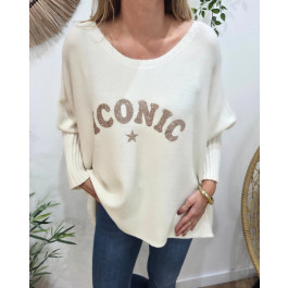 Pull femme oversize col rond Iconic pailleté-Ecru