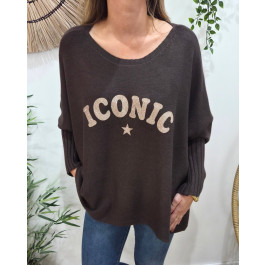 Pull femme oversize col rond Iconic pailleté-Marron