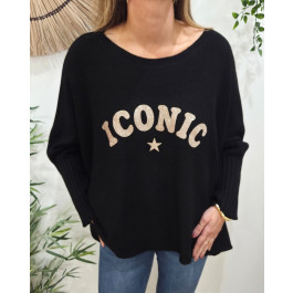 Pull femme oversize col rond Iconic pailleté-Noir