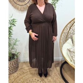 Robe longue femme plissée grande taille manches longues-Marron