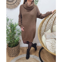 Robe pull femme chinée col baveux -Marron