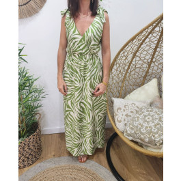 Robe longue femme motifs verts et écrus-Vert