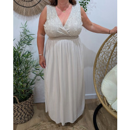 Robe longue femme grande taille bohème décolleté et dos broderies-Beige