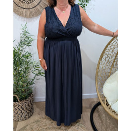 Robe longue femme grande taille bohème décolleté et dos broderies-Bleu marine