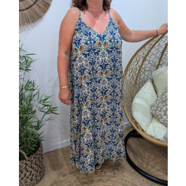 Robe longue femme oversize à bretelles et fleurs Aveline-Bleu