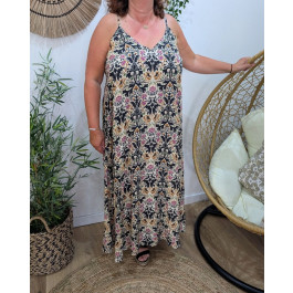 Robe longue femme oversize à bretelles et fleurs Aveline-Noir