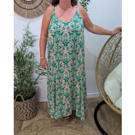 Robe longue femme oversize à bretelles et fleurs Aveline-Vert